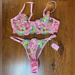 🎀🌷 Ethereal Pink Blue Yellow Floral Embroidery Sheer Satin Fairy Lingerie Set 🌷🎀